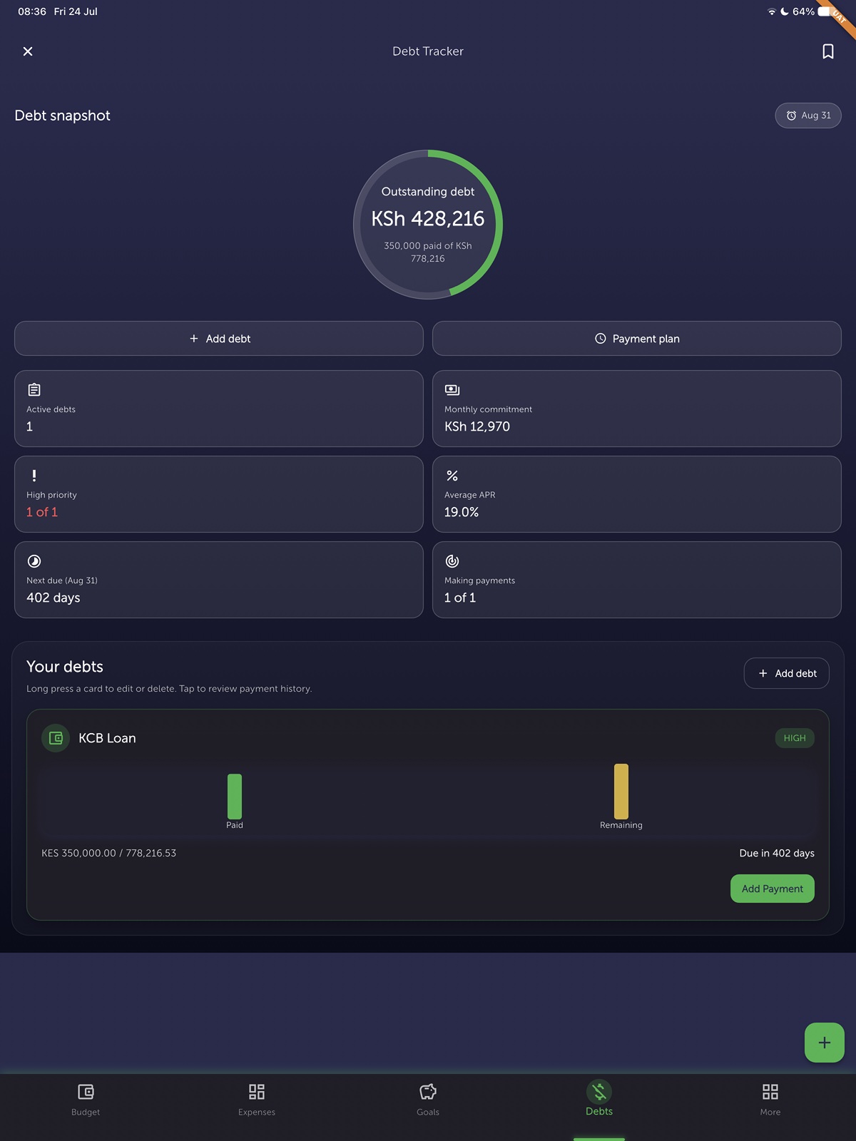Zwela Debt Tracker on iPad — outstanding debt and payment progress