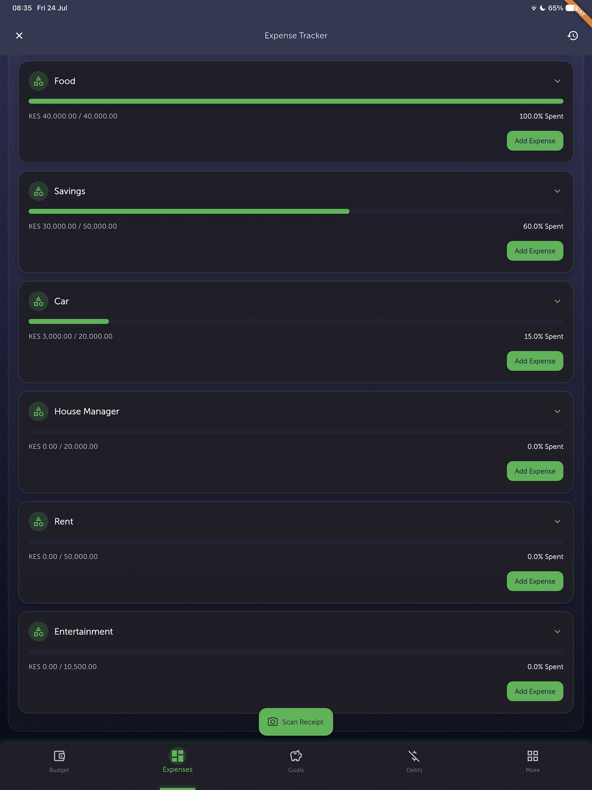 Zwela Expense Tracker on iPad — categories and spend progress