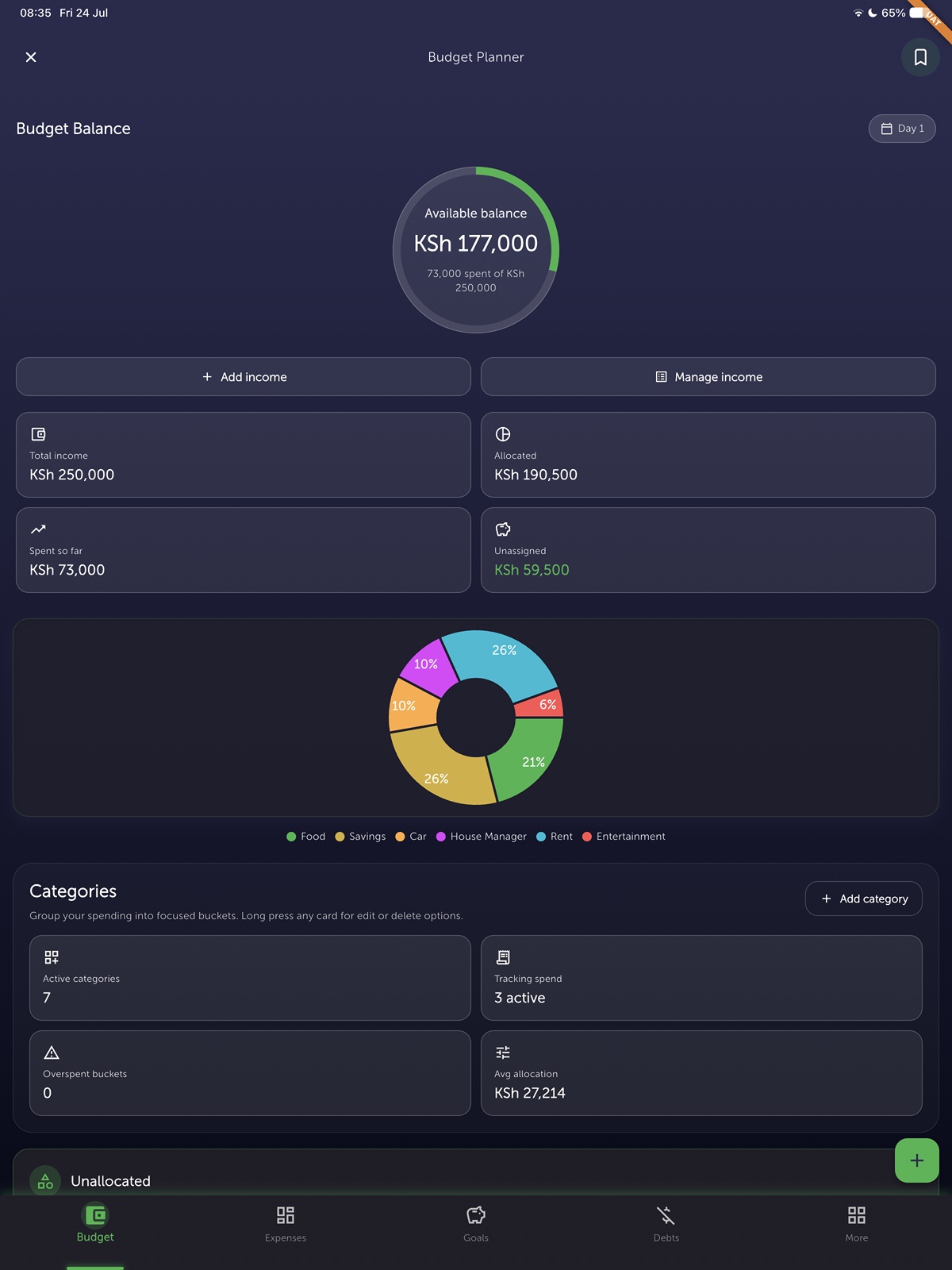 Zwela Budget Balance on iPad — total income and available balance